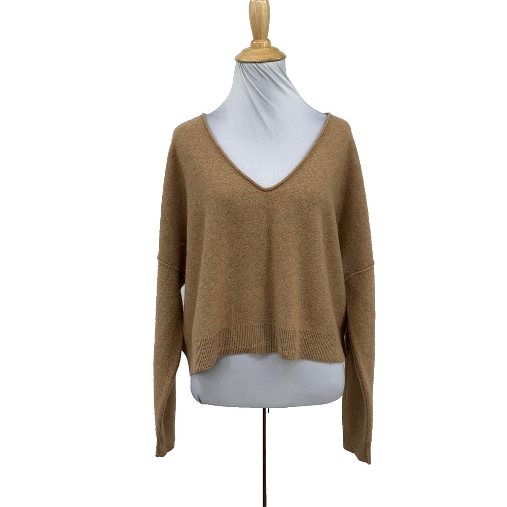 Pilcro Sweater Womens M Medium Latte Cashmere V Neck Crop Drop Shoulder Boxy